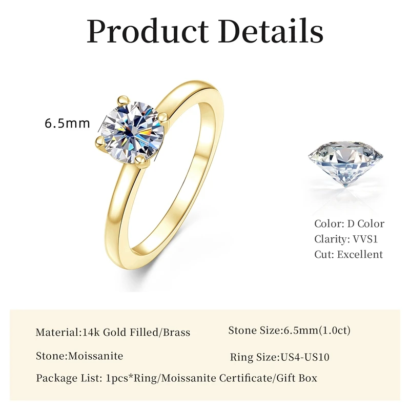 Lnngy Sparkling 6.5mm Moissanite Engagement Promise Ring 14K Gold Filled Stackable Ring for Women Valentine's Day Jewelry Gift