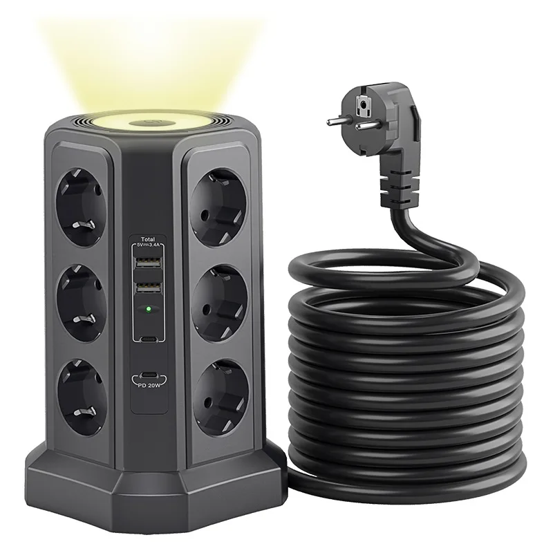 Multifunctional vertical European standard socket 3-layer 12-bit desktop socket USB anti-overload night light model