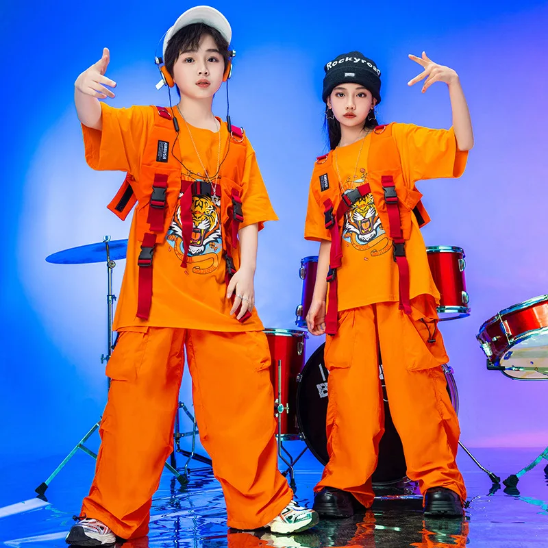 

Kid Kpop Hip Hop Clothing Orange Graphic Tee T Shirt Vest Top Casual Ruched Cargo Pants for Girl Boy Jazz Dance Costume Clothes