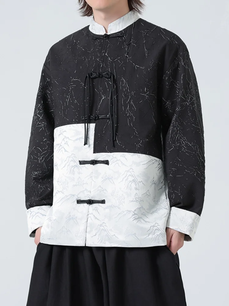 

Новая мужская рубашка в китайском стиле с длинным рукавом, пэчворк, вышивка, весенняя новинка, свободный крой, молодежная, дышащая, повседневная