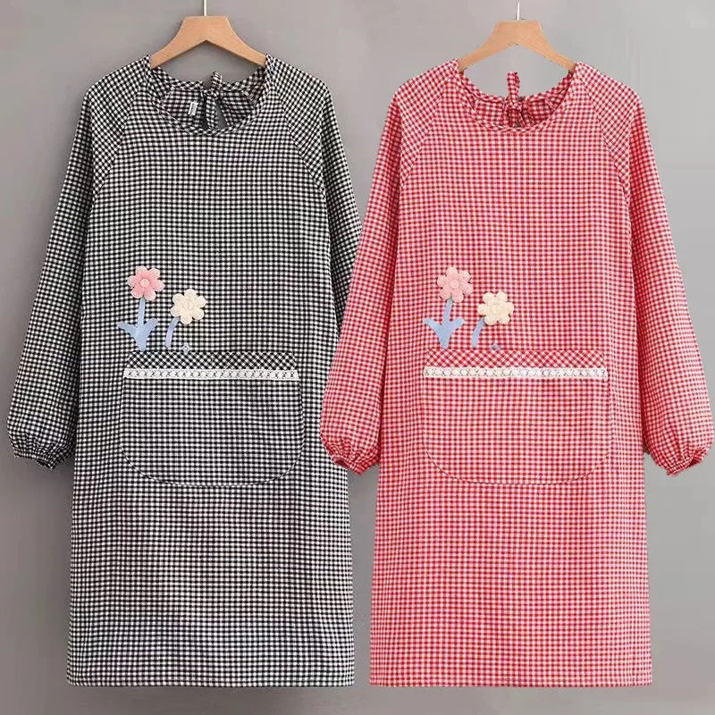 New Cotton Long Sleeve Apron Adult Kitchen Household Dust Proof Large Pocket Anti Fouling Dirt Resistant Workwear Durable