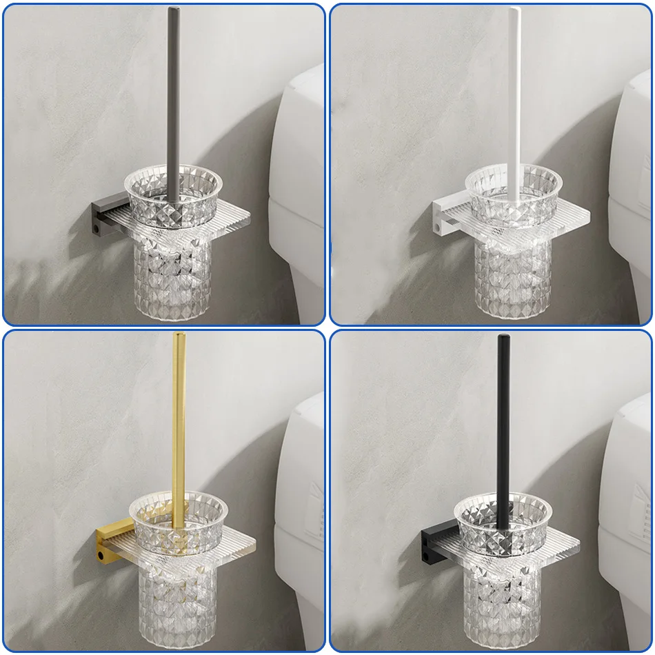 Acrylic Cup Toilet Brush Holder Aluminum Metal Wall Mounted Grey Gold Black White WC Brush Rack Shelf Set for Bathroom Lavatory