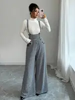 Overalls for Women's Winter Jumpsuit Black White Vintage Wide Leg Suspender Pants for Office Commute Casual Female Clothing - Image 3