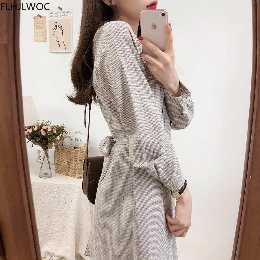 Cotton Vintage Dresses Latice Women Long Sleeve Bow Tie Ribbon Design Preppy Korea Japan Style Plaid Dress Long Cute 8123