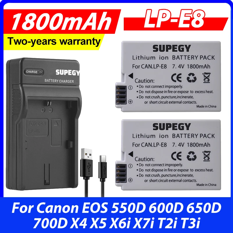 1800mah LP-E8 LPE8 LP E8 Battery Batterie + Charger for Canon EOS 550D 600D 650D 700D X4 X5 X6i X7i T2i T3i
