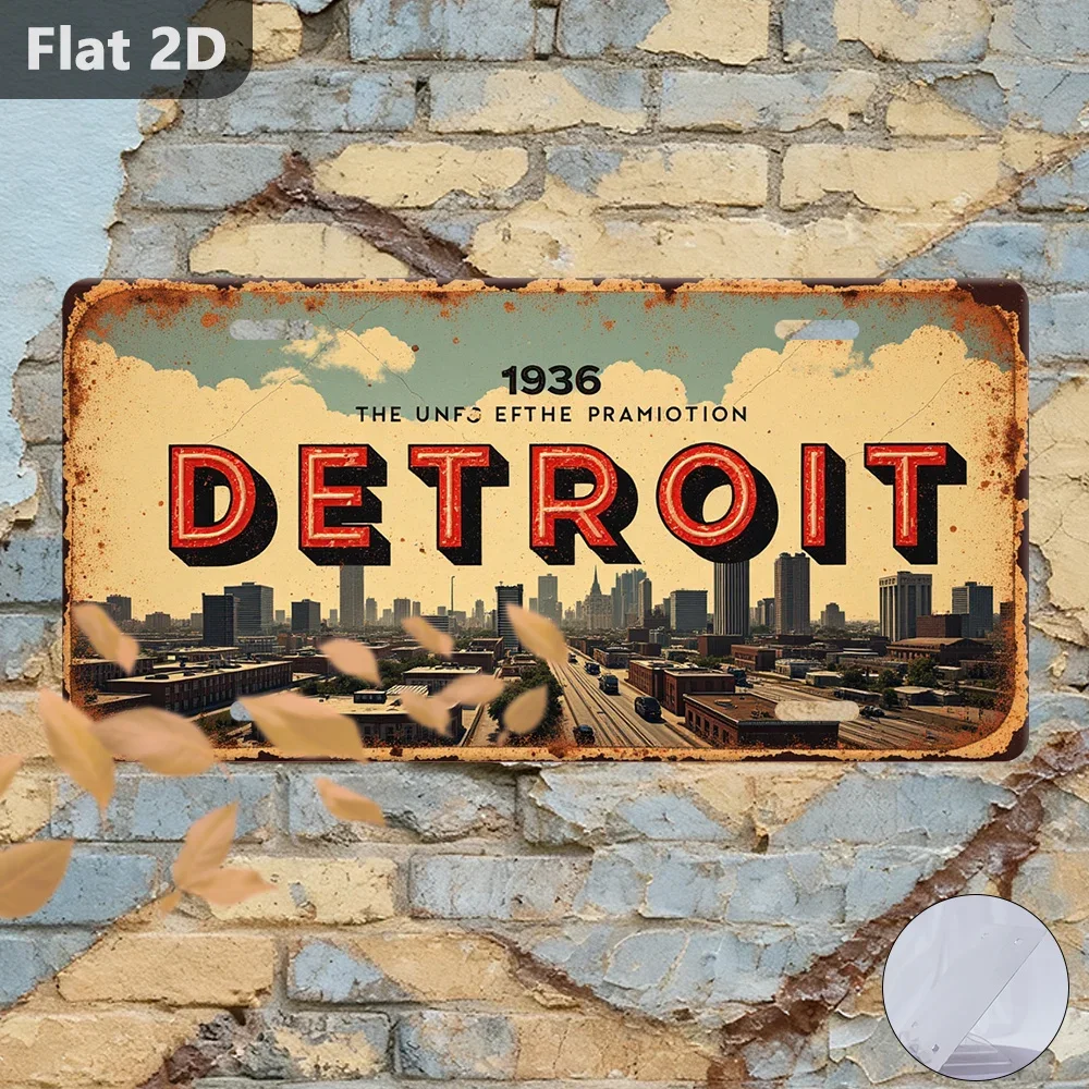 Vintage Detroit Skyline Tin Sign 12x5.9in 2D Flat Outdoor Wall Decor Garage Plaque