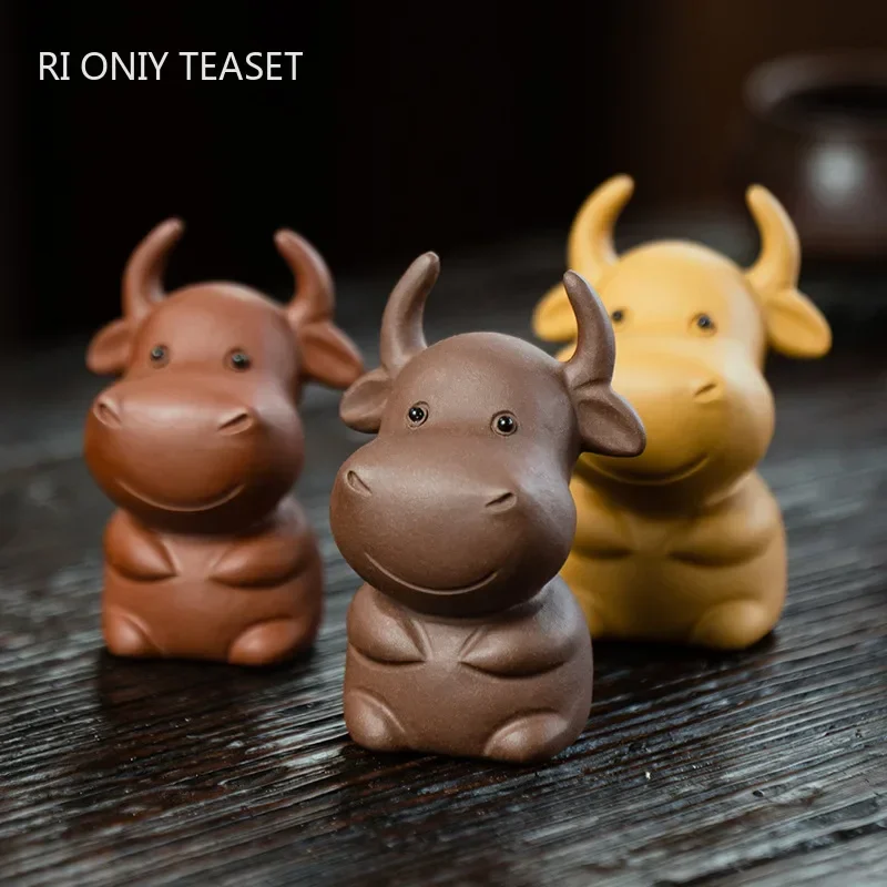 

Chinese Handmade Purple Clay Tea Pet Cartoon Cute Cow Figurine Ornaments Sculpture Crafts Tea Set Decoration Accessories Gifts