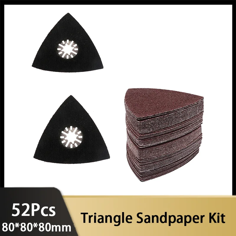 

52 Pcs Triangle Sandpaper Kit 80mm Assorted 60-240 Grits Universal Triangular Hook & Loop Multitool Sanding Pads Attachment