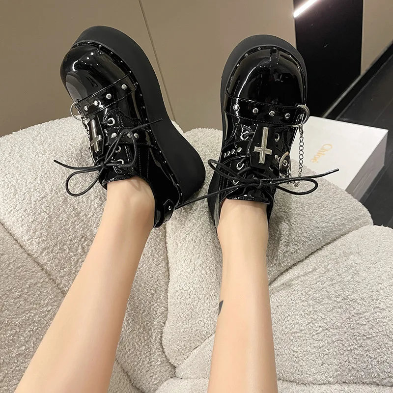 Fashion Zipper Chunky Platform Mary Janes Women Round Toe Buckle Wedge Pumps Woman Patent Leather Y2K Punk Gothic Shoes