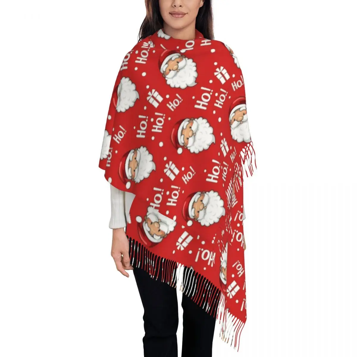 Christmas Santa Claus Ho New Year Scarf for Women Winter Warm Shawl Wrap Single-sided Pattern Shawl Scarf for Ladies