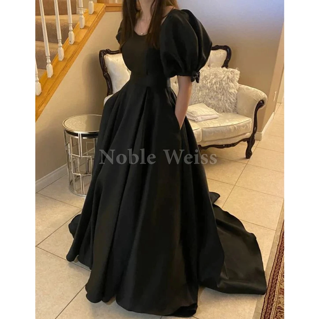

Elegant Satin Evening Dress O-Neck A-LINE Pockets Prom Gown with Short Sleeves Customize