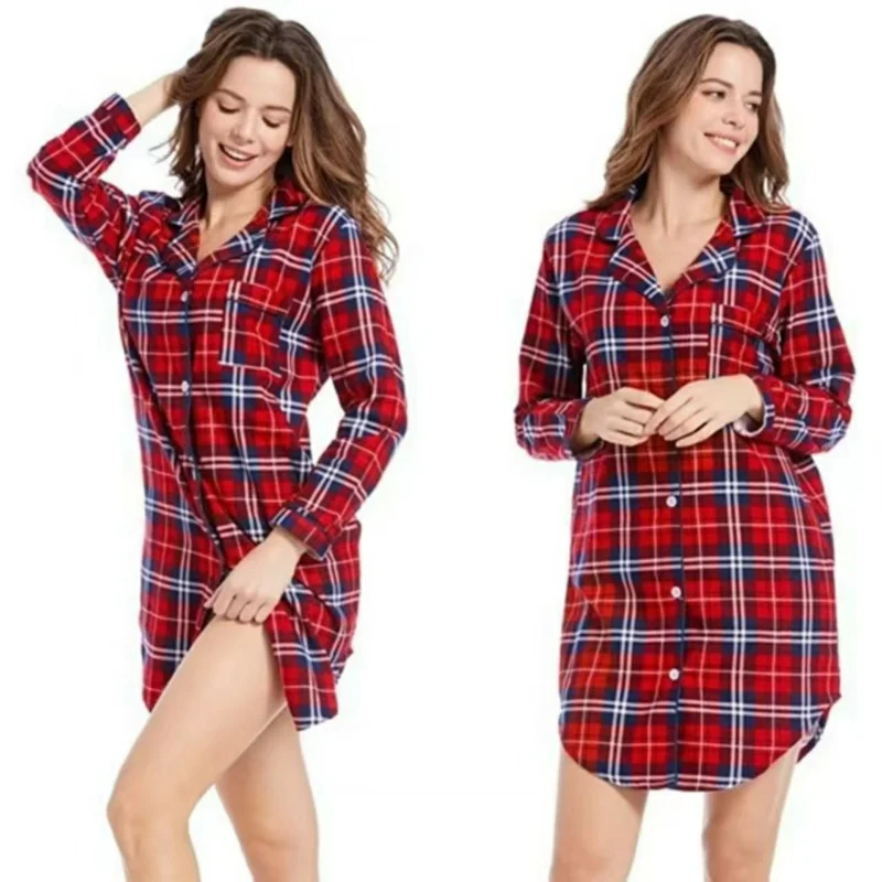

Рубашка с отложным воротником, одежда для сна, женские клетчатые пижамы с длинными рукавами, женская пижама с принтом, платье для сна, женские ночные рубашки