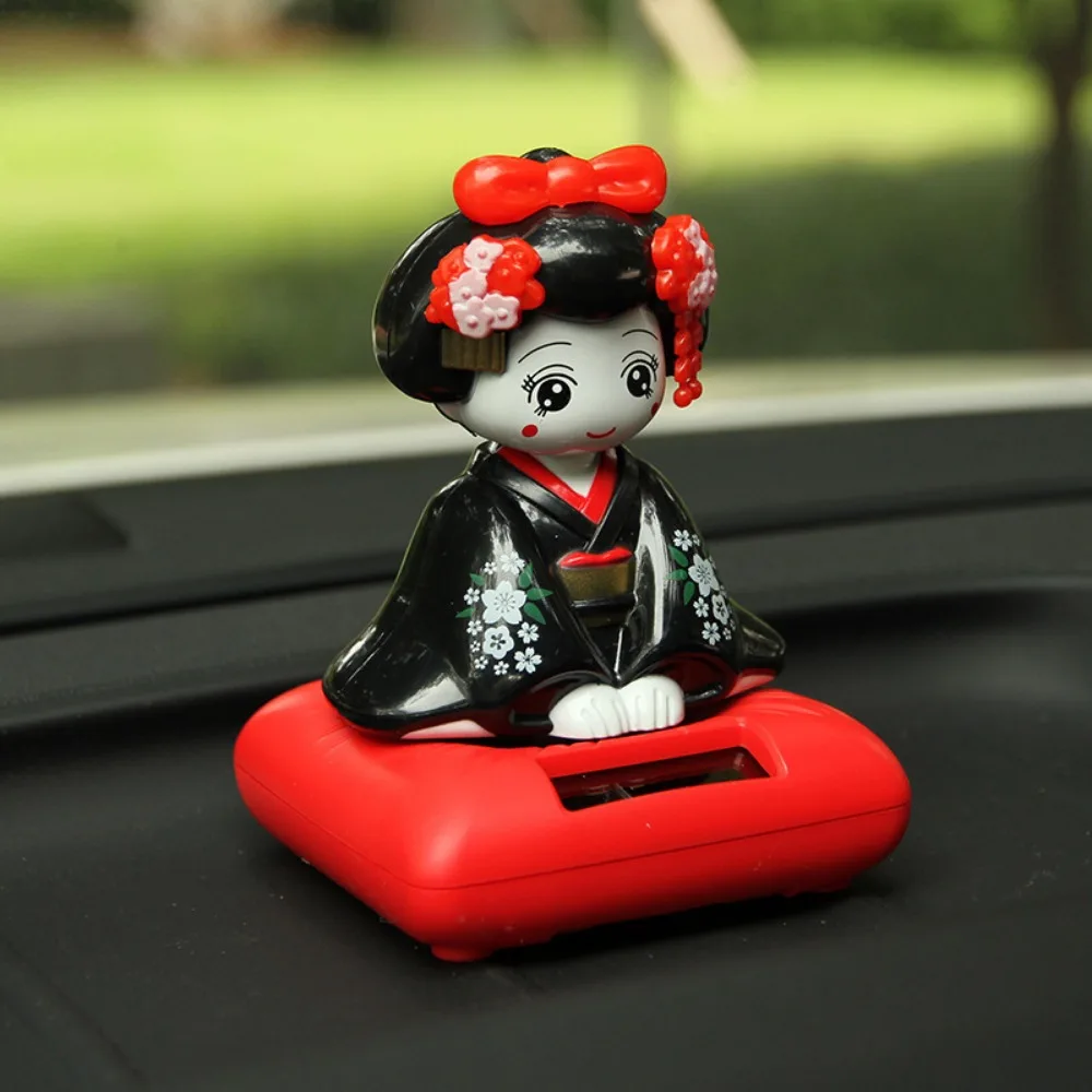 New Solar Powered Japanese-Style Doll Car Ornament Kimono Girl Shaking Head Nod Head Cartoon Doll Dashboard Cute Car Accessories