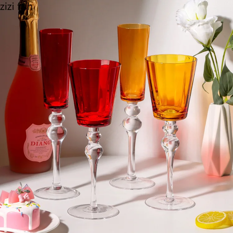 Taza de cristal de pie alto de Color sólido, copa de vino transparente, copa de vino de burbujas, copas de vino tinto, copa de champán, vajilla creativa