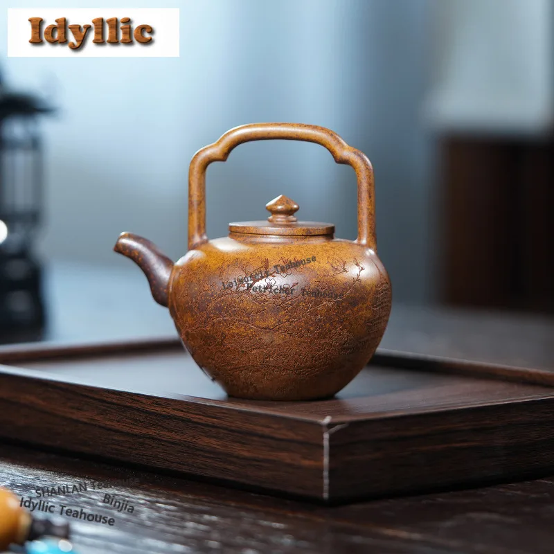

320ml Yixing Purple Clay Teapot Handmade Lifting Handle Pot Raw Ore Wood-fired Porcelain Mud Tea Maker Kettle With Infuser Zisha