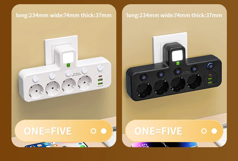 EU-Stecker-Steckdosenleisten. Zwei Spezifikationen mit oder ohne USB-Typ-C-Anschluss. Wandladegerät für das Heimbüro – Detail 17