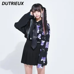 Japanese Harajuku Style Fashion Brand Chain Tie Long-Sleeved Shirt Punk Visual Neutral Men's and Women's Loose Printed Tops