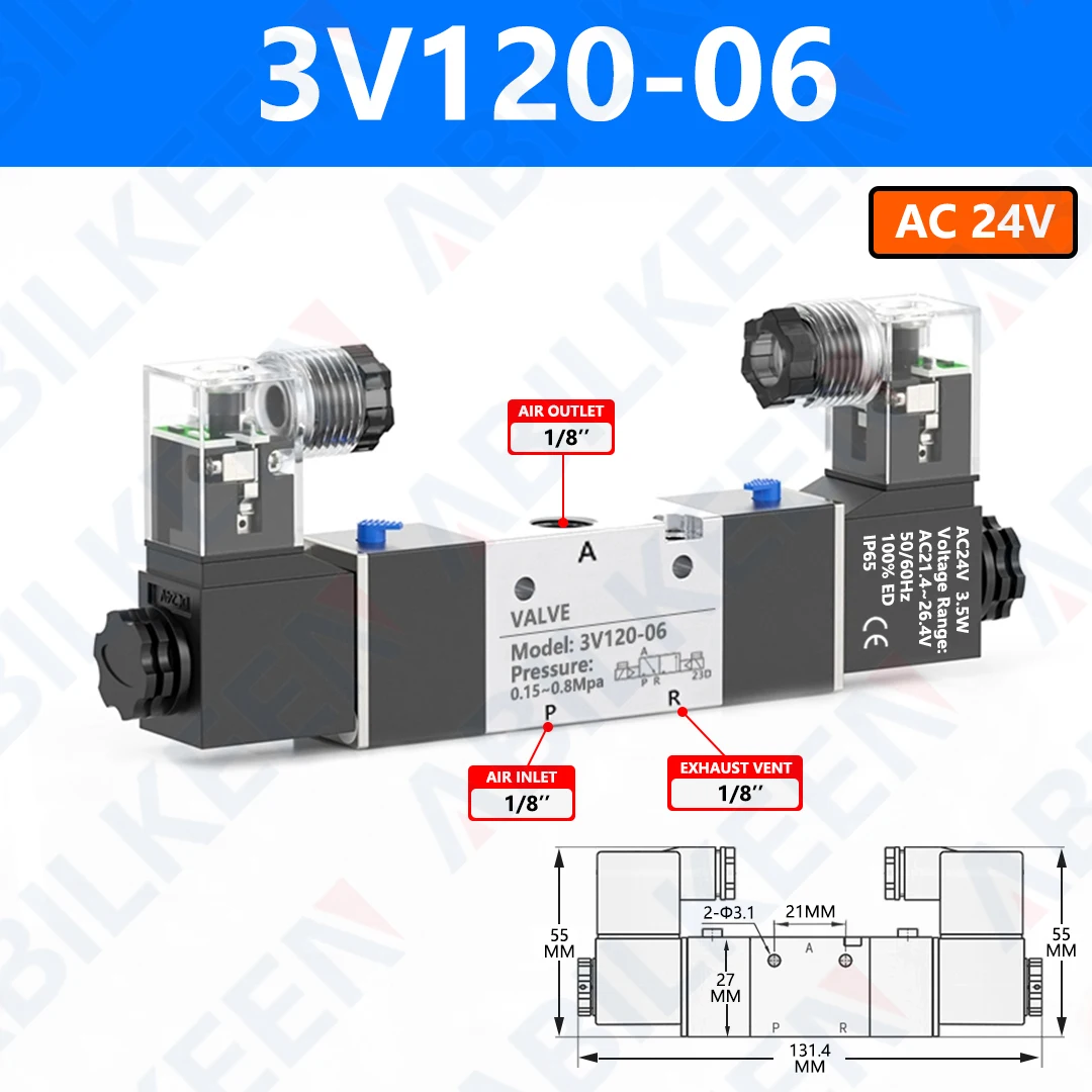 ABILKEEN 3V120-06 3V120-M5 Dual Electrical Control Air Solenoid Valves 3 Way 2 Position Normally Closed Pneumatic Solenoid Valve