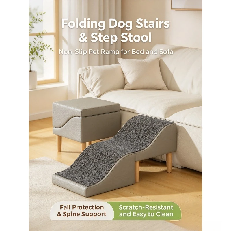 Foldable Dog Ramp Stairs, 4 Season Pet Steps for Bed, Slope Climb Ladder for Small Dogs Indoor Home Use
