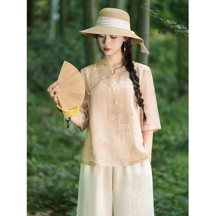 plus Size Women's Printed Cotton Linen Base Shirt Stand Collar T-Shirt Belly Cover Spring Summer New Chinese Style Artistic C...