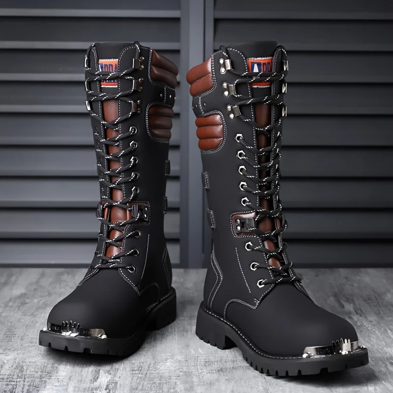 

Men Punk Style Black New Personalized Fashion High Top Boots with Metal Splicing Buckle High-end Fashion Motorcycle Boots