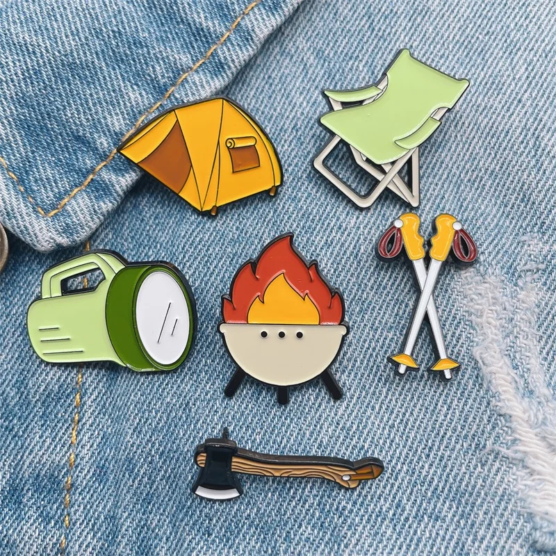 Creative Outdoor Camping Climbing Equipment Enamel Pins Bonfire Axe Tent Chair Alloy Brooch Badge Personality Jewelry Gift