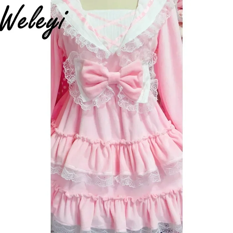 Kawaii Dolce Rosa Rojita Vestito per Le Donne 2024 Primavera Nuovo Originale Stile Preppy Carino Arco a Maniche Lunghe Foderato in Pile Abiti da Fata