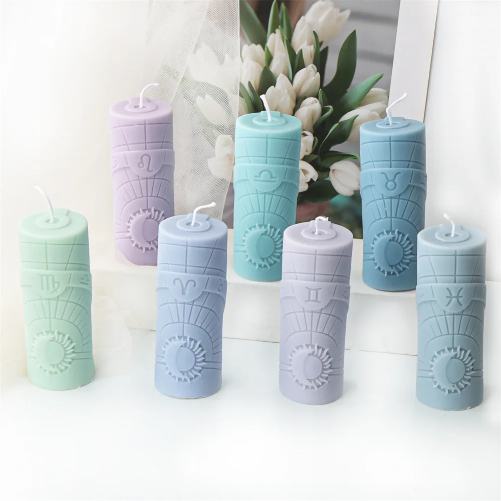 Zodiac Pillar Candle Molds DIY Twelve Constellation Tall Cylindrical Sun Luna Moon Pattern Silicone Mold for Candle Plaster