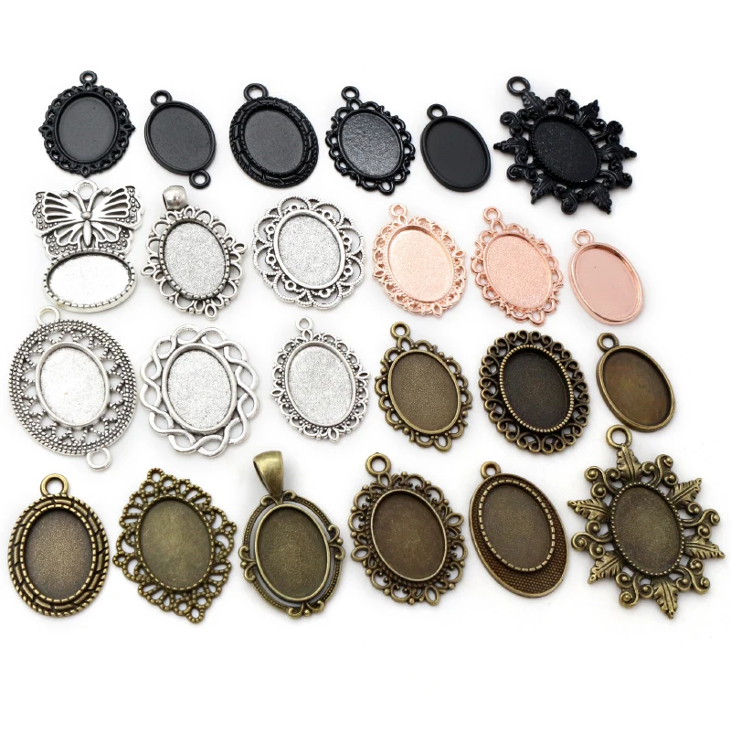 10pcs 13x18mm Inner Size Antique Silver Plated Flower Style Cameo Cabochon Base Setting Charms Pendant necklace findings