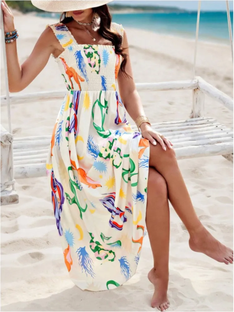 2024 Spring Summer New Women's Vacation Style Fashionable Printed Sexy Sleeveless Strap Casual Comfortable Long Ankle Dress