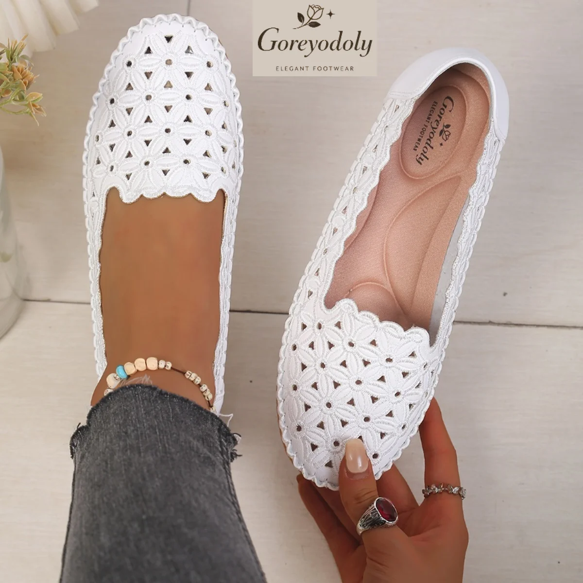Goreyodoly Womens Wide Fit Casual Slip On Flats Hollow Floral Lace Breathable Lightweight Comfortable Walking Shoes