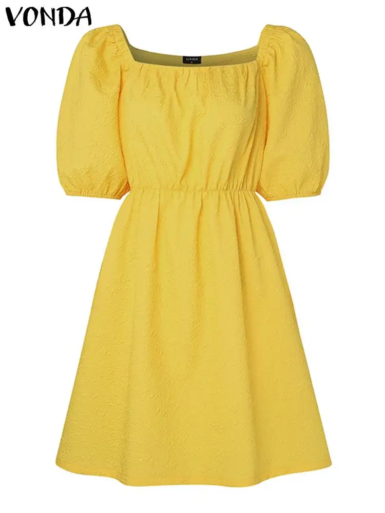 VONDA-Mini Robe d'Été pour Femme, Chemise Élégante, Col Carré, Manches Courtes Bouffantes, Couleur Unie, Vêtement de Plage Décontracté, 2024