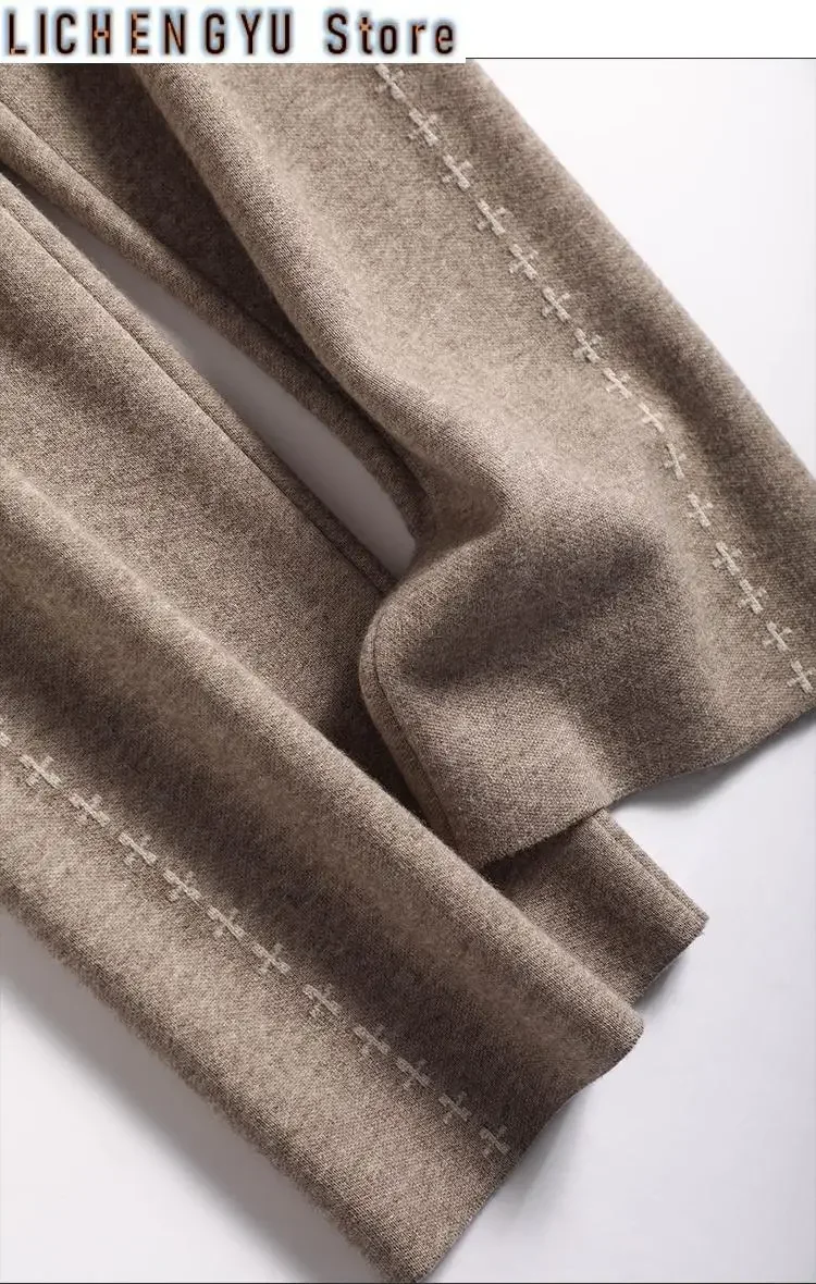 New High Quality Woollen Trousers Women's Fashionable All-Match Simple Thickened Wool Knitted Straight Wide-Leg Pants
