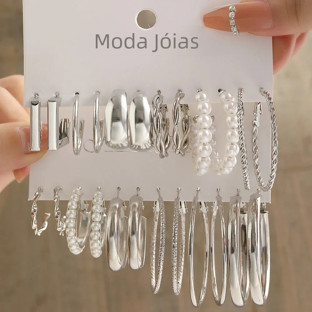Brincos de pérola vintage cor prata y2k para mulheres geometria círculo redondo quadrado conjunto de brincos de argola moda feminina acessório de joias