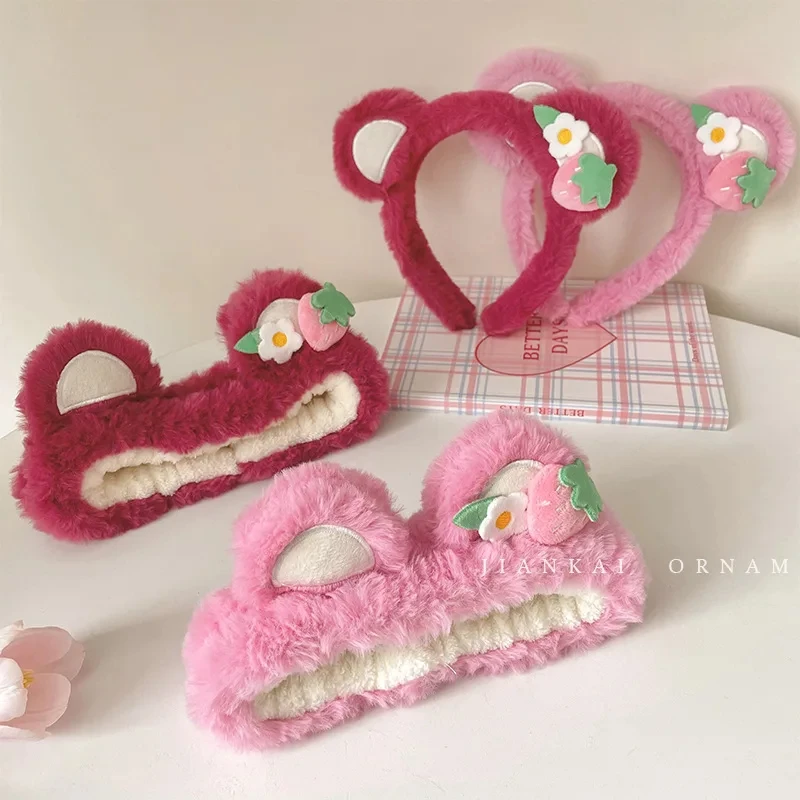 Fleece Cute Purple Strawberry Bear Ear Hairbands Girls Lovely Animal Headbands Cosplay Ornament Korean Fashion Hair Accessories