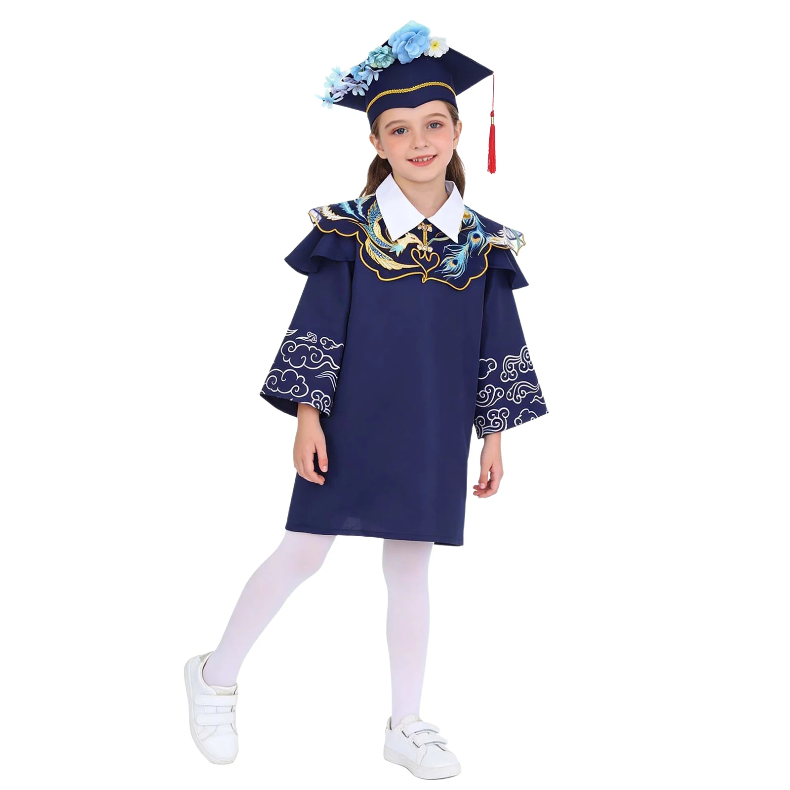 Boys Girls Bachelor Costumes Neo-Chinese Style Graduation Gown Kids Students Primary School Uniforms Gown with Tassel Cap Sets