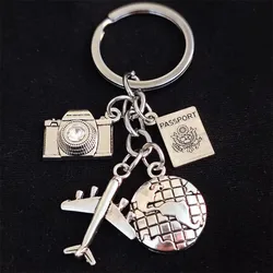 1Pc Airplane Keychain, Camera KeyRing World Map Passport KeyChain, Travel Around The World Men's DIY Bag Pendant Accessories