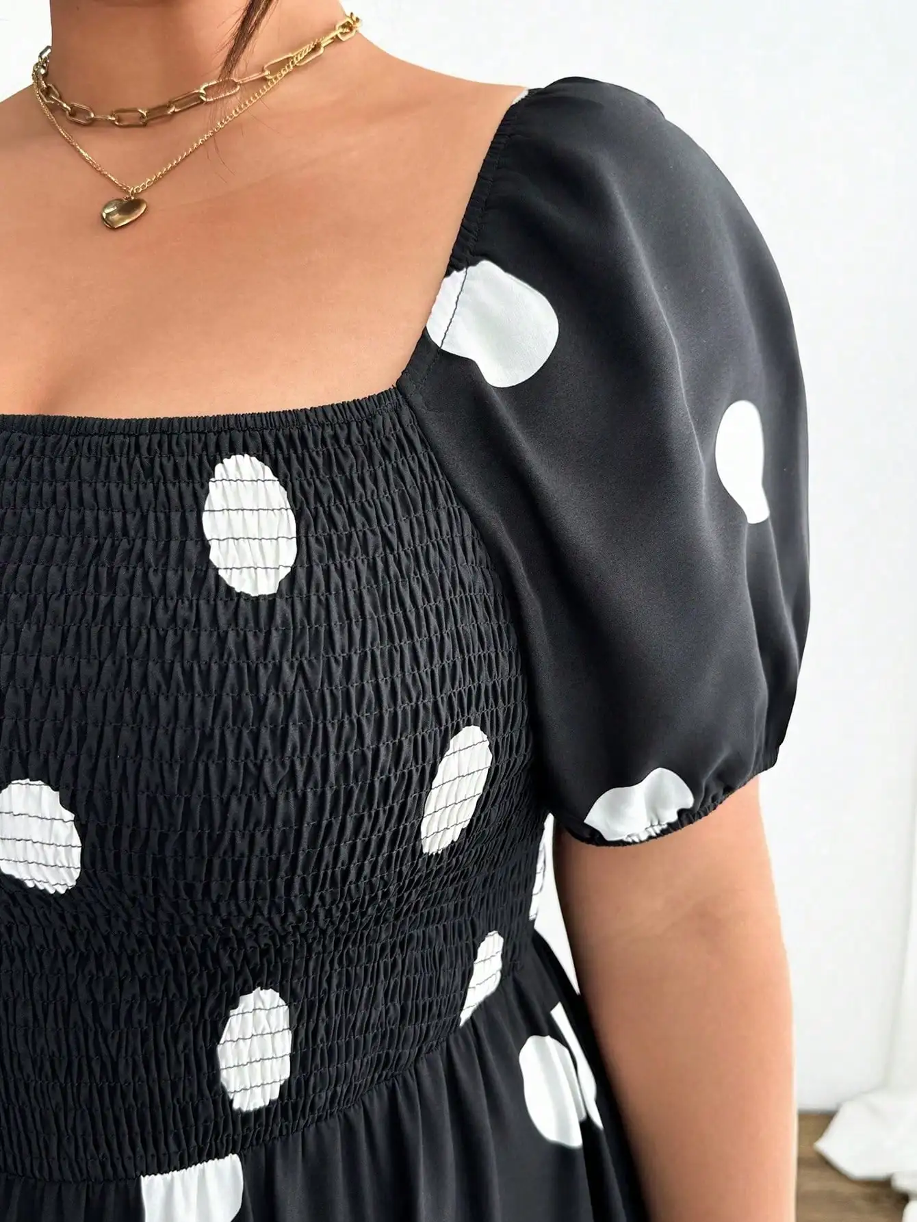 Ladies Black Polka Dot Ruffle Sleeve Square Collar Long Dress Elegant A-Line Summer Gown Suitable for Plump Figures view 4