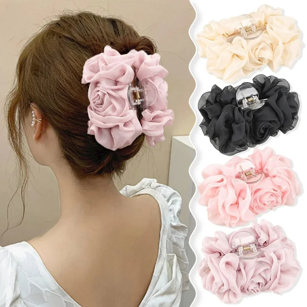 New Bow Hair Clip Chiffon Fabric Sweet Hairpins Big Flower Hair Claws Holiday Party Headwear Women Girls Soft Hair Accessories