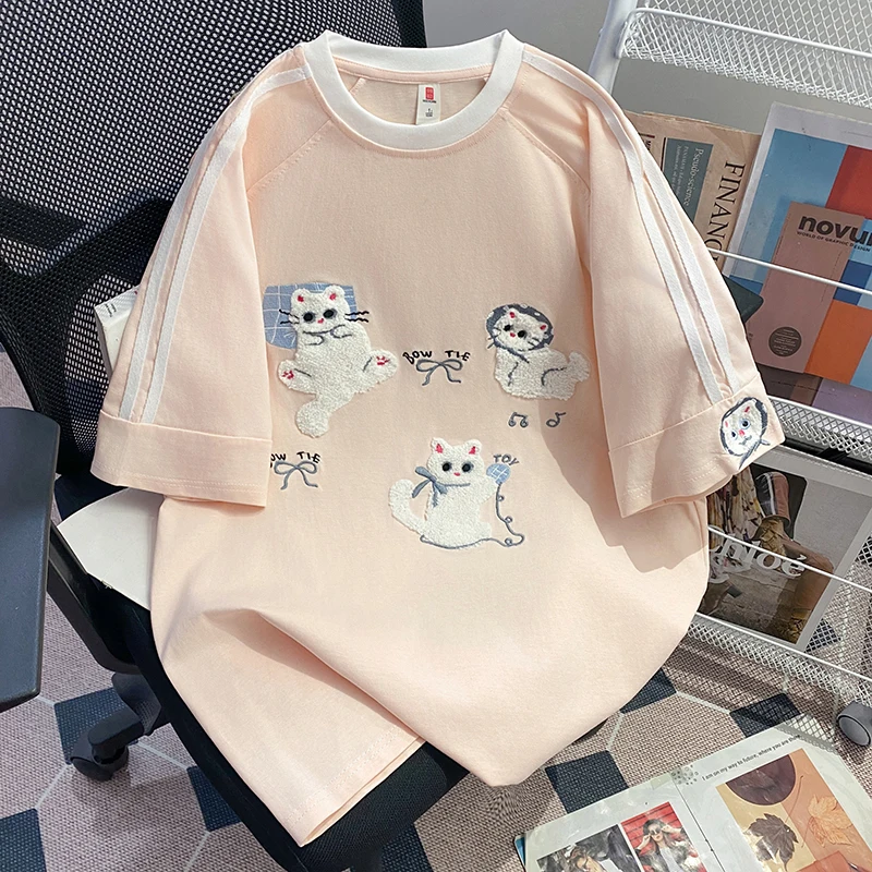 Light Blue Cotton T-shirt with Cute Cat Chenille Embroidery and Striped Sleeves Women's Casual Loose Short Sleeve Top view 2