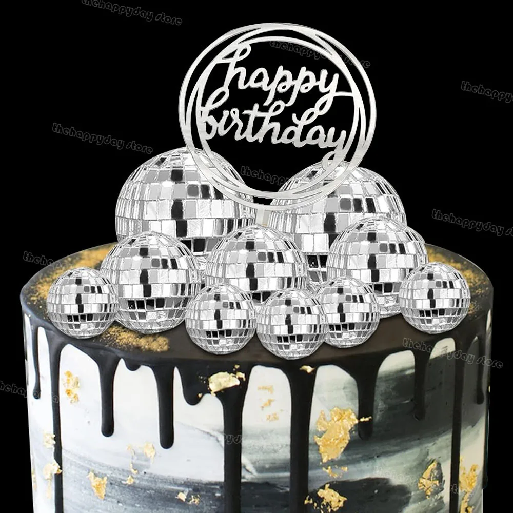 

1Set Disco Balls Cake Toppers Mirror Ball Acrylic Happy Birthday Cake Topper 70's Disco Birthday Party Cupcake Cake Decorations