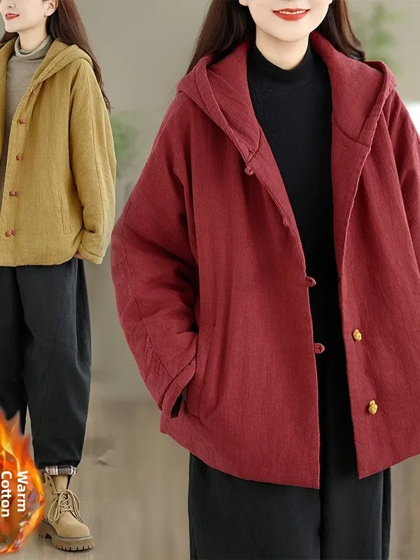 

Women's Retro Thiened Warm Cotton Jaet Large Size Stand Collar Hooded Button down Outerwear Casual Winter Coat