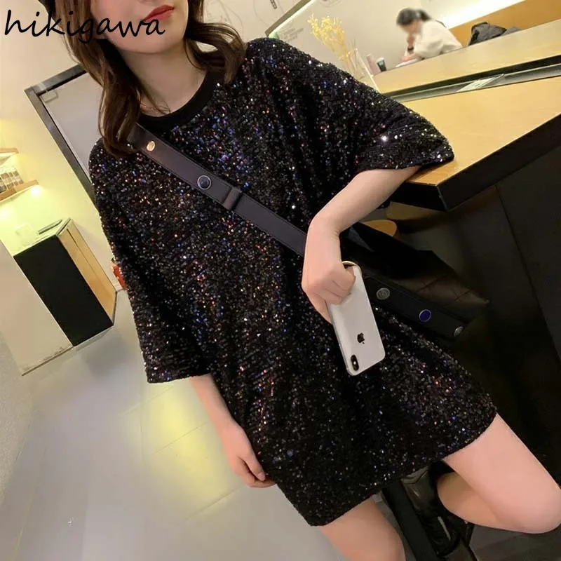 Harajuku Woman T-shirts 2024 Ropa Mujer Summer Camisetas O-neck Short Sleeve Tees Y2k Tshirts Sequined Oversized T Shirt Tops