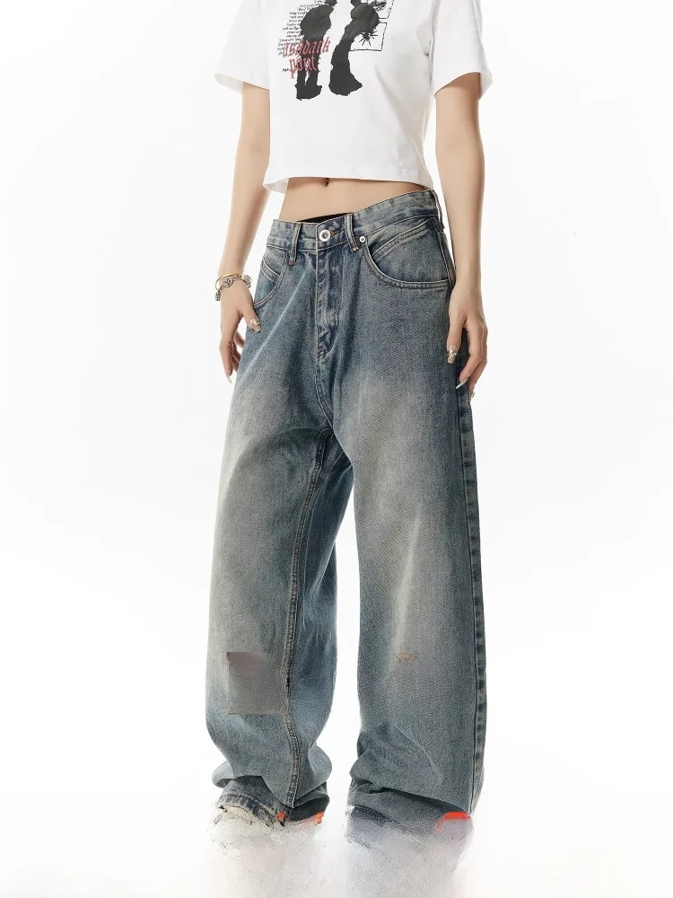 

Американские прямые широкие джинсы с высокой талией, женские весенне-осенние утягивающие джинсовые брюки, свободный крой синего цвета