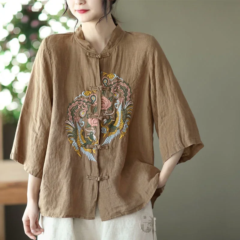 Retro Ethnic Brand Quality Embroidery Cotton Linen Shirts Tops Women Blouses Disc Buttons Stand-up Collar Loose Large Size Shirt