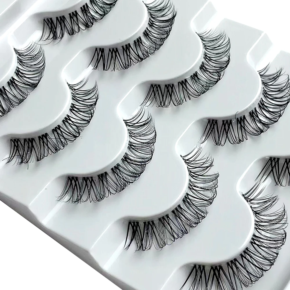 5Pairs Natural Look Wispy Fluffy D Curl Eyelash Extension False Eyelashes Clear Band Russian Strip Lashes