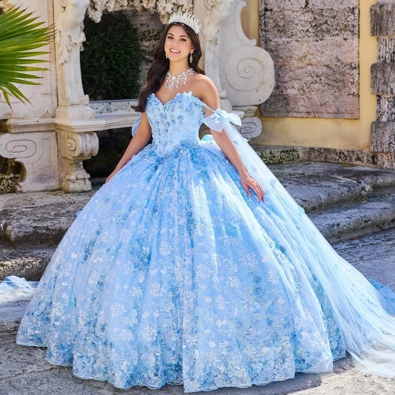 Sky Blue Shiny Quinceanera Dresses for 15 Year 2024 Ball Gown Sexy Off the Shoulder Applique Lace Tull Long Party Dress for Girl