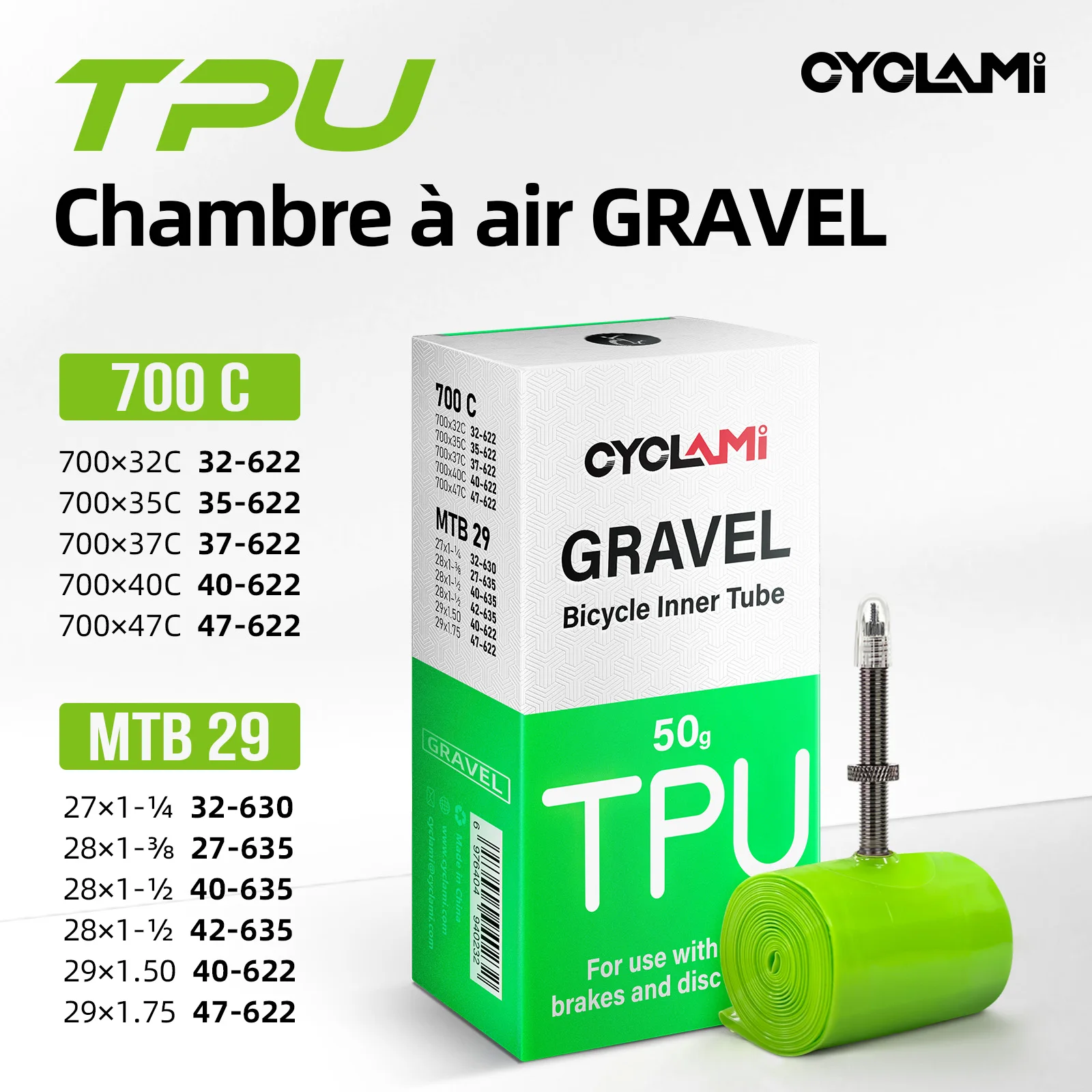 CYCLAMI chambre à air de vélo de gravier ultralégère 700X32/35/47c matériau TPU pneu route vtt 29 45mm longueur Valve française amovible