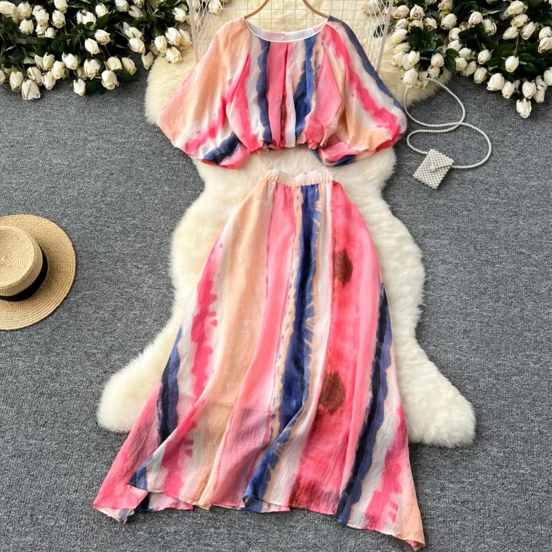 Elegant and Chic Women Colorful Beach Holiday Skirts Suit Casual Shirts Top A-Line Saya Outfits Female Two Pieces Set New Cloths