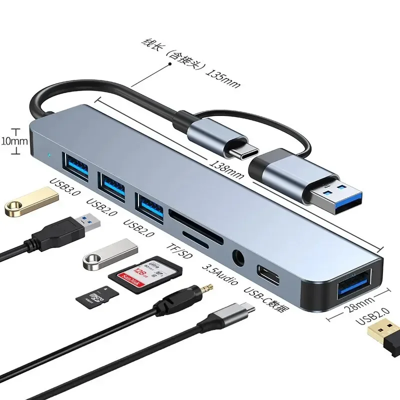 Usb C Hub Usb Splitter 8 In 2 Extender Usb con 4 porte 1 porta Usbc lettore di schede Sd Tf uscita Audio compatibile con Macbook 2024